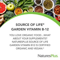 NaturesPlus Source of Life Garden B12 capsules close-up show convenient daily use.