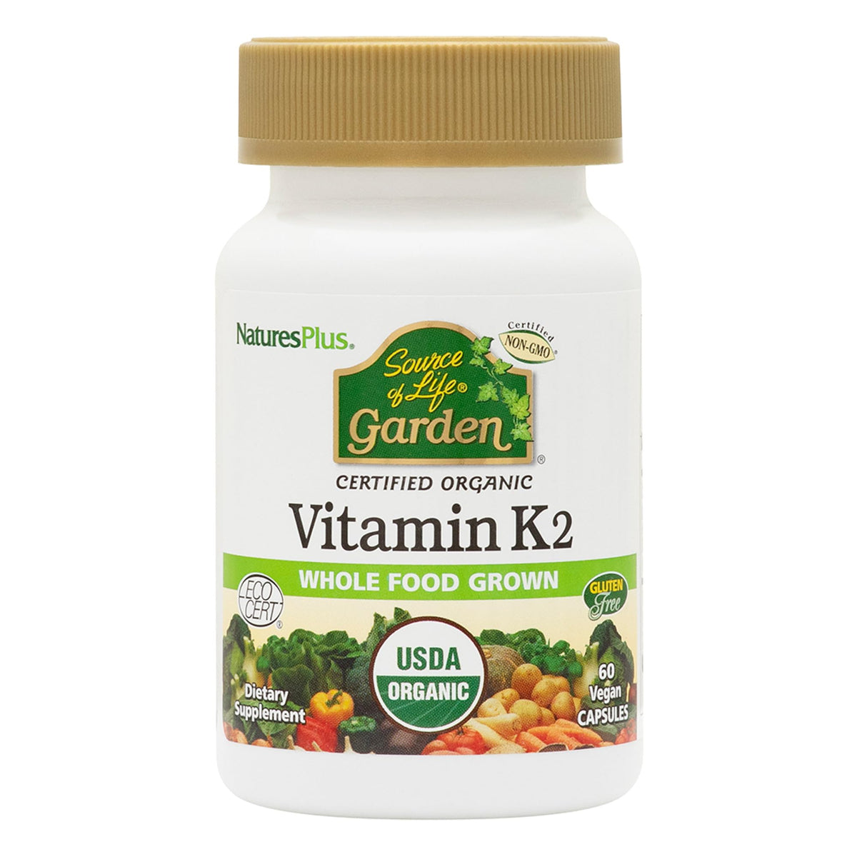 NaturesPlus Source of Life Garden Vitamin K2 bottle front showing organic, vegan formula for bone support.
