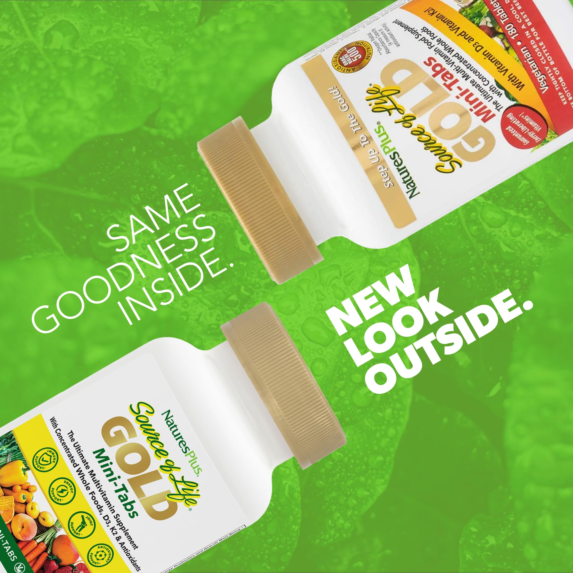 NaturesPlus Source of Life Gold bottle label close-up showing D3, B12, K2