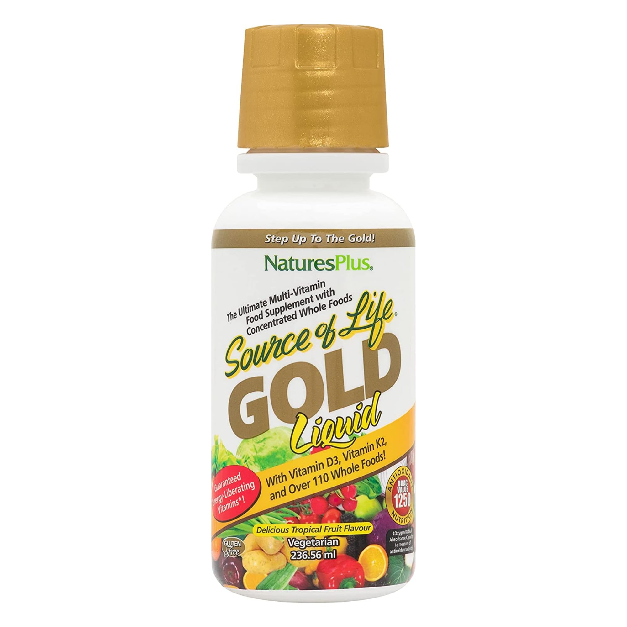 NaturesPlus Source of Life GOLD liquid bottle pour showing easy dosing and tropical flavor
