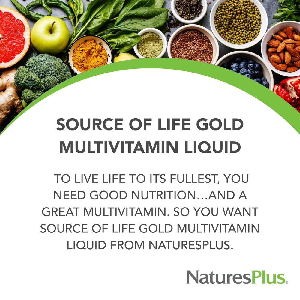 NaturesPlus Source of Life Gold Liquid bottle poured into a measuring spoon for serving