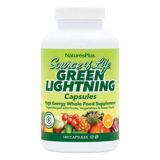 NaturesPlus Source of Life Green Lightning bottle highlights gluten-free, vegetarian energy support