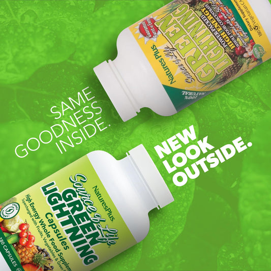NaturesPlus Source of Life Green Lightning capsules visible for fast-acting greens