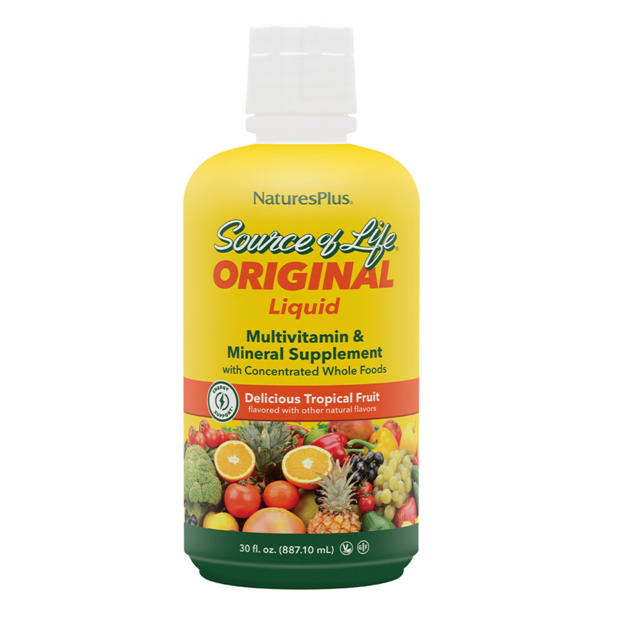 NaturesPlus Source of Life Liquid bottle front showing tropical flavor for daily energy.