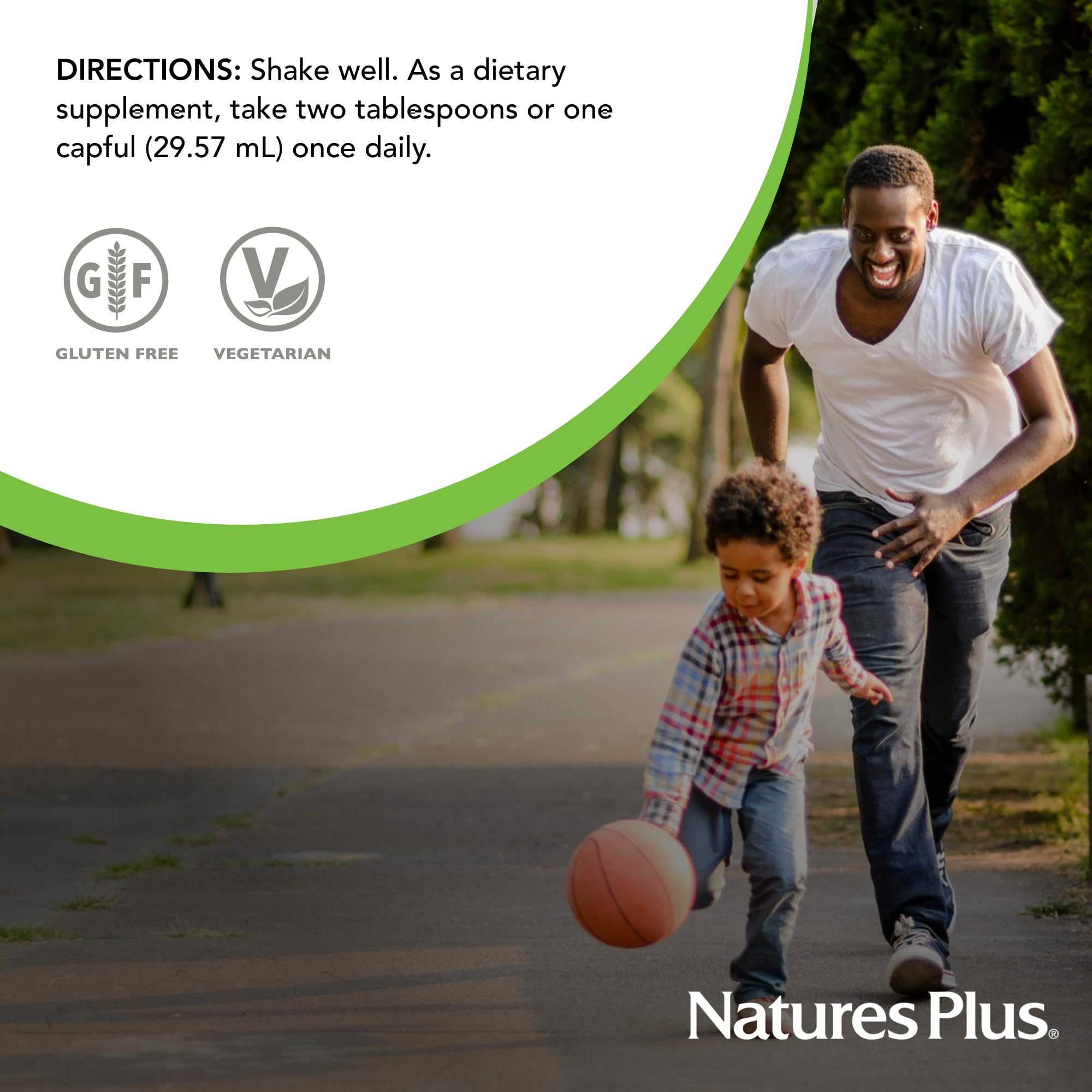 NaturesPlus Source of Life Liquid ingredient graphic shows Panax ginseng and D3.