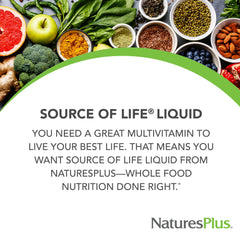 NaturesPlus Source of Life Liquid label close-up highlighting 60 servings and vegetarian formula.