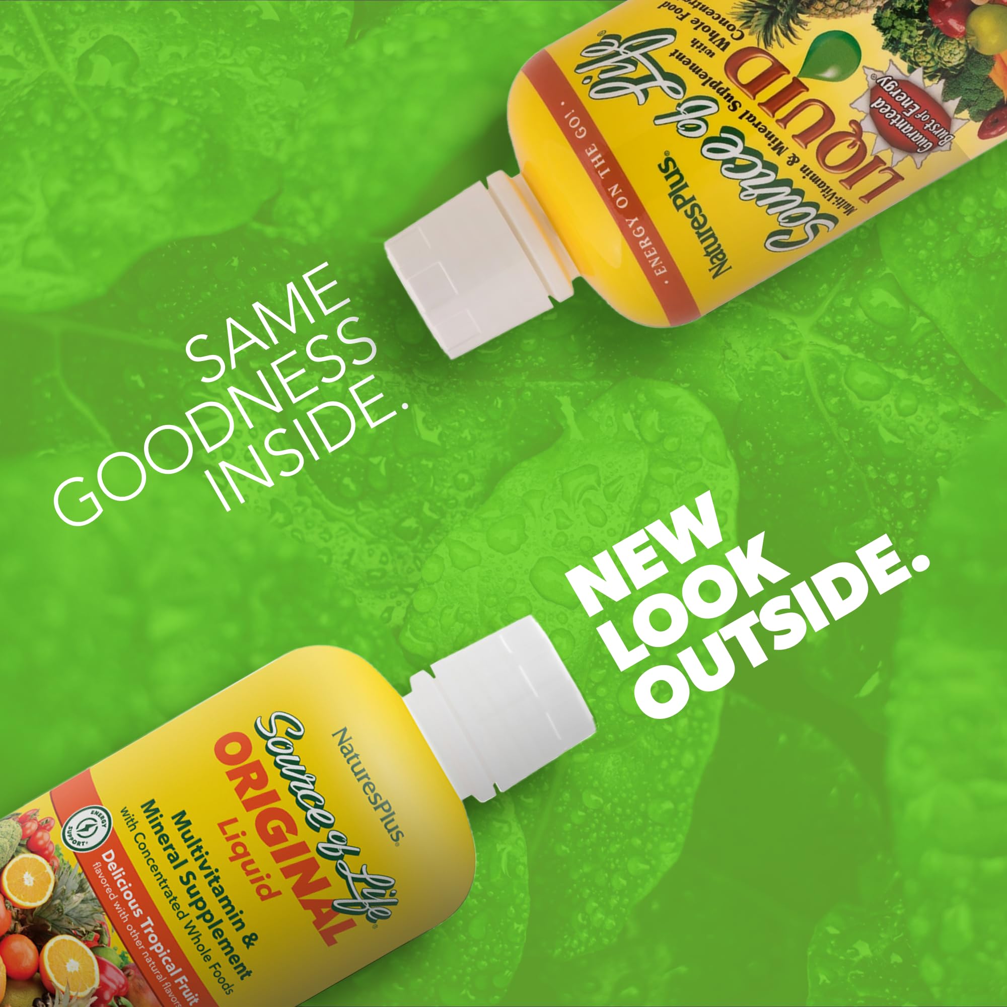 NaturesPlus Source of Life Liquid tropical fruit being poured for daily wellness