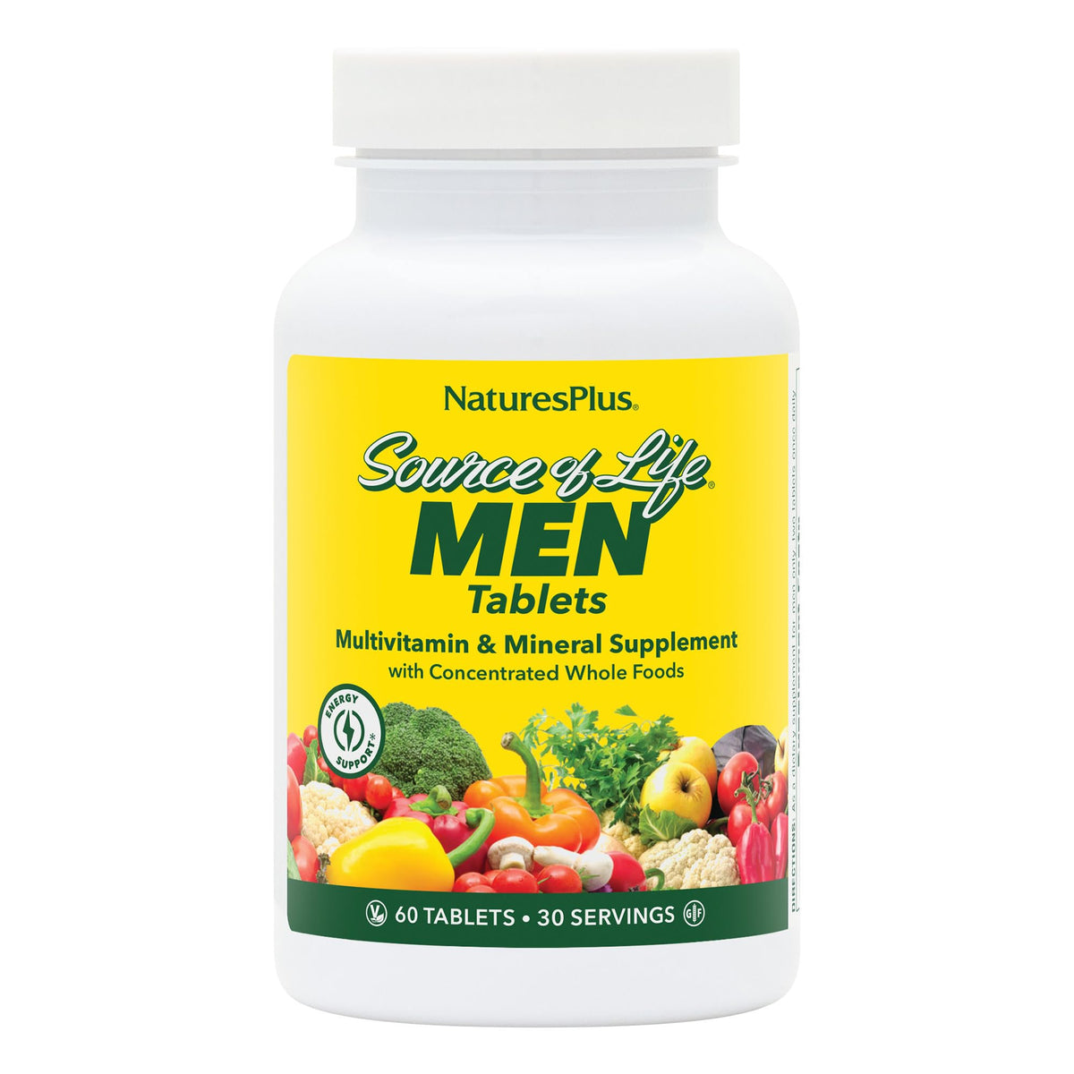 NaturesPlus Source of Life Men bottle front highlighting energy and vitality support.