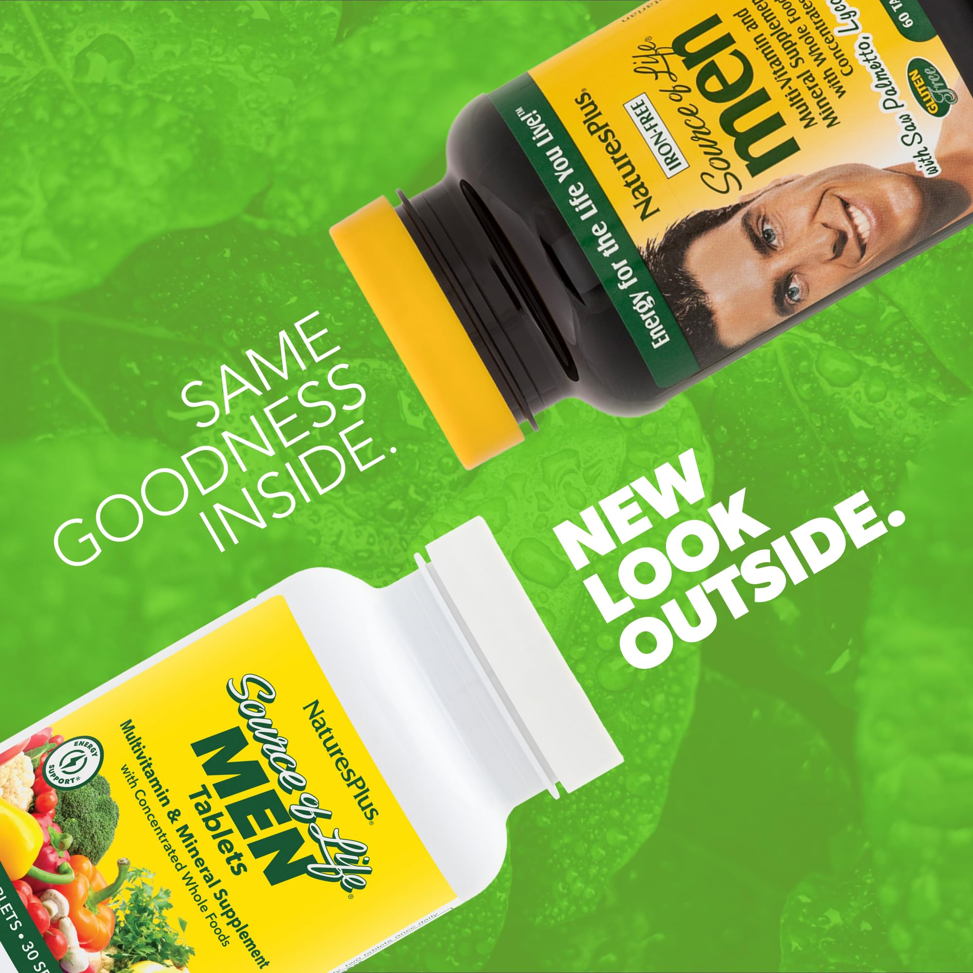 NaturesPlus Source of Life Men bottle pour for easy daily wellness.