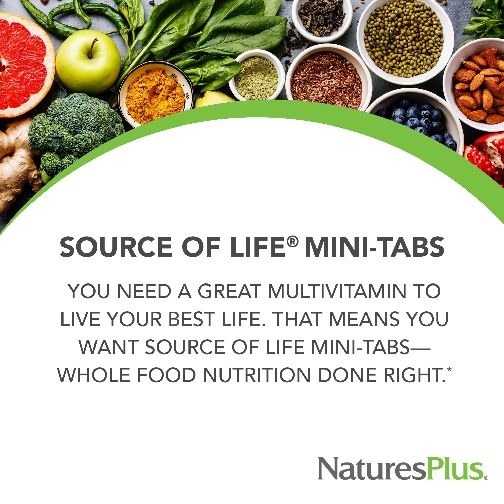 NaturesPlus Source of Life Mini-Tabs label close-up shows gluten-free, vegetarian formula.