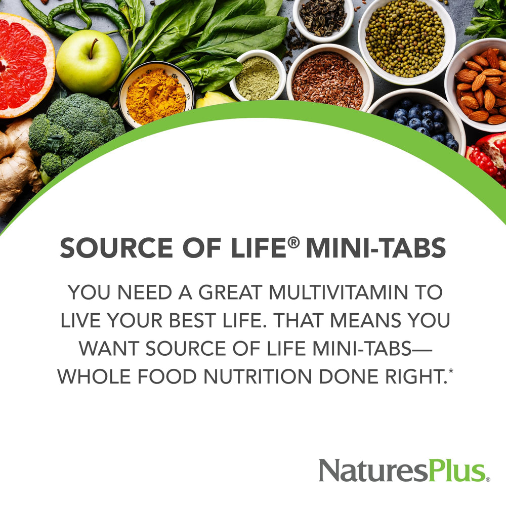NaturesPlus Source of Life Mini-Tabs label close-up shows gluten-free, vegetarian formula.