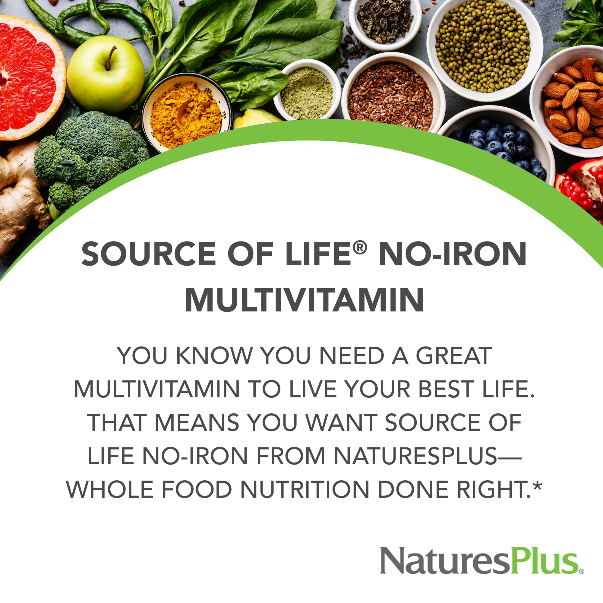 NaturesPlus Source of Life No Iron bottle close-up emphasizing iron-free nutrition.