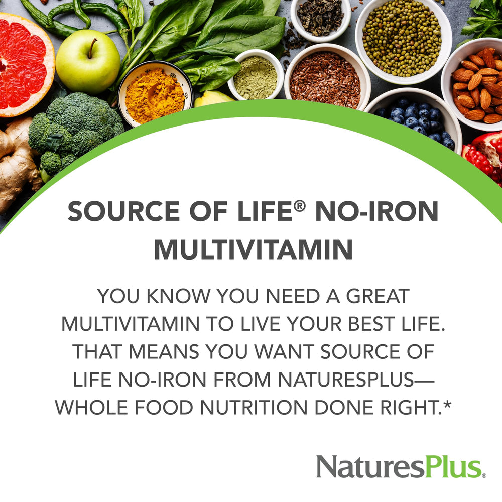 NaturesPlus Source of Life No Iron bottle close-up emphasizing iron-free nutrition.