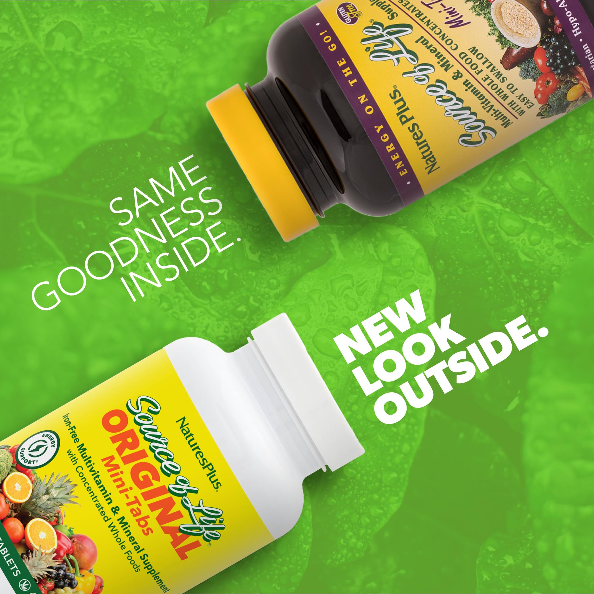 NaturesPlus Source of Life No Iron Mini-Tabs bottle label highlights no iron formula