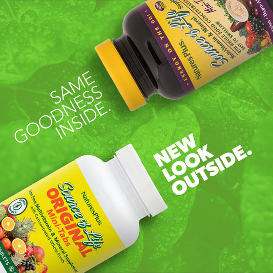 NaturesPlus Source of Life No Iron Mini-Tabs bottle label highlights no iron formula