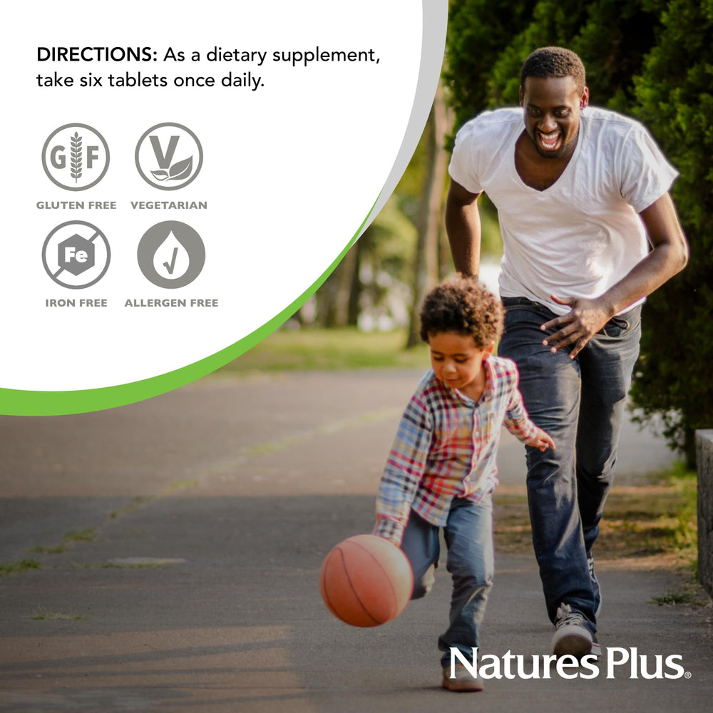 NaturesPlus Source of Life No Iron Mini-Tabs gluten-free tag confirms allergen-friendly formula