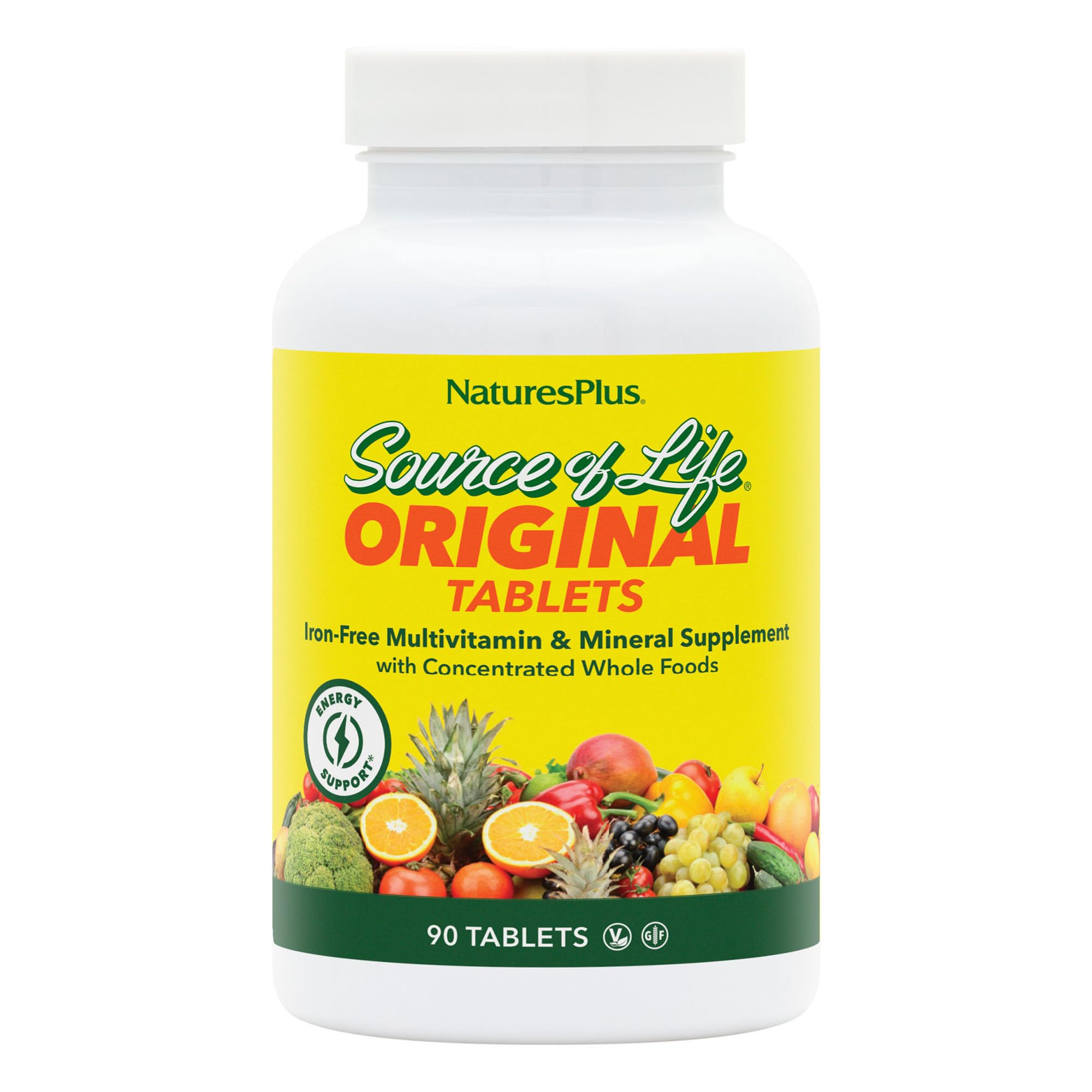 NaturesPlus Source of Life No Iron tablets in a bottle support daily energy.