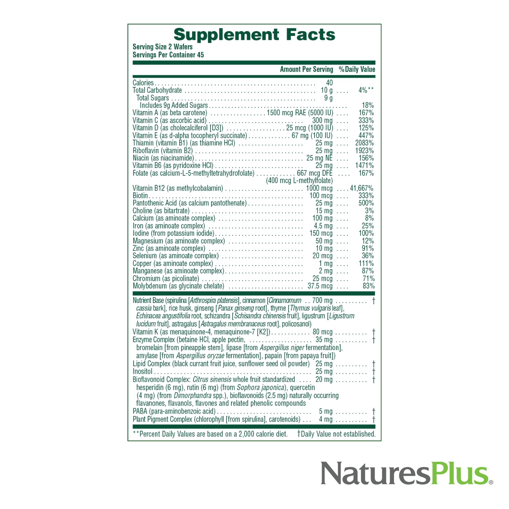 NaturesPlus Source of Life nutrition facts panel with key vitamins.