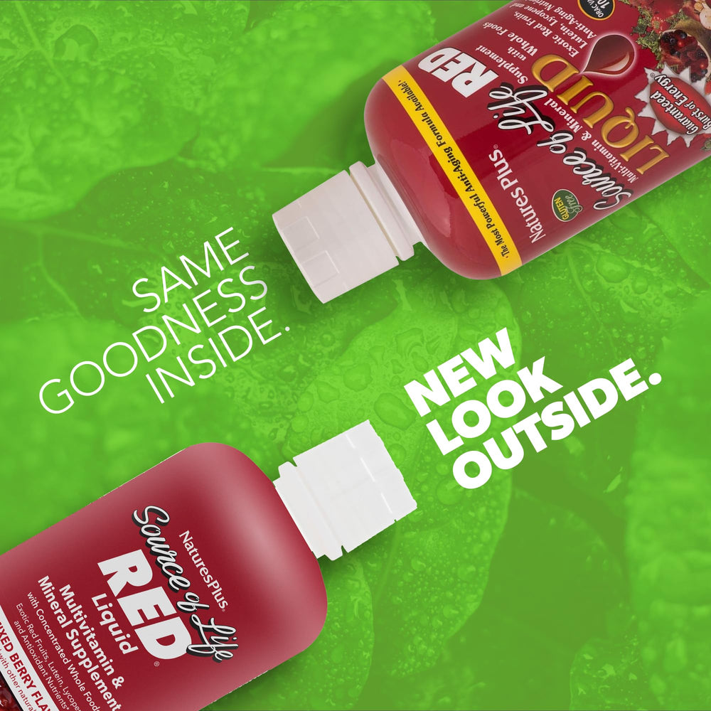 NaturesPlus Source of Life RED bottle front label highlighting red superfoods and vitamins for immunity.