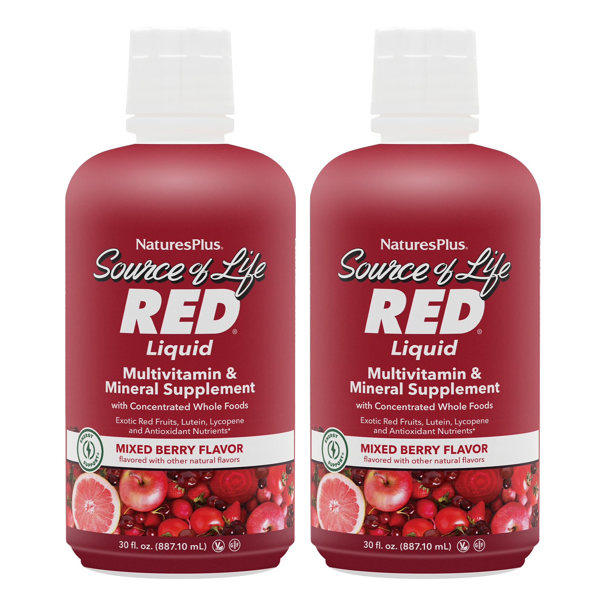 NaturesPlus Source of Life RED liquid bottle being poured for easy daily energy and immunity support.