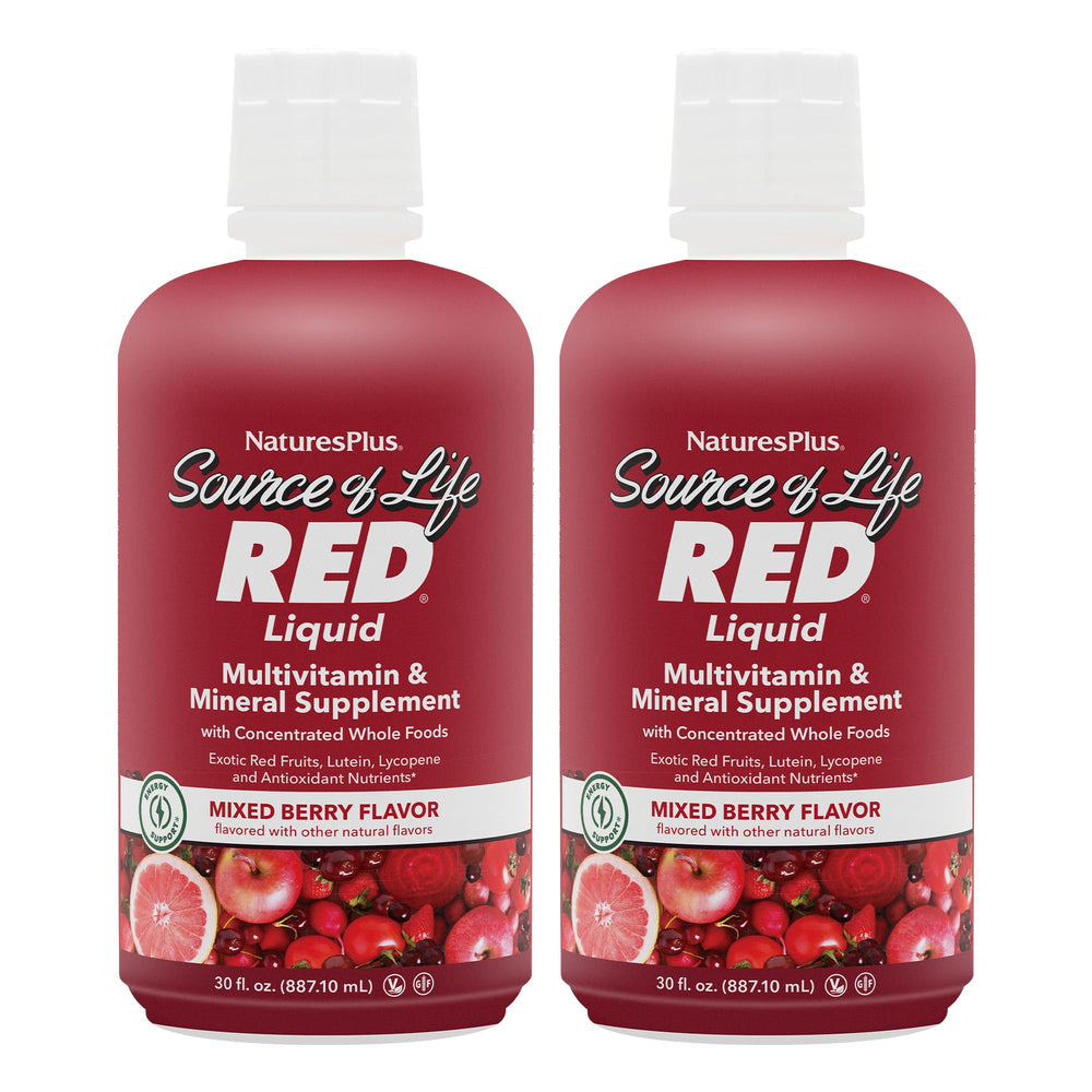 NaturesPlus Source of Life RED liquid bottle being poured for easy daily energy and immunity support.