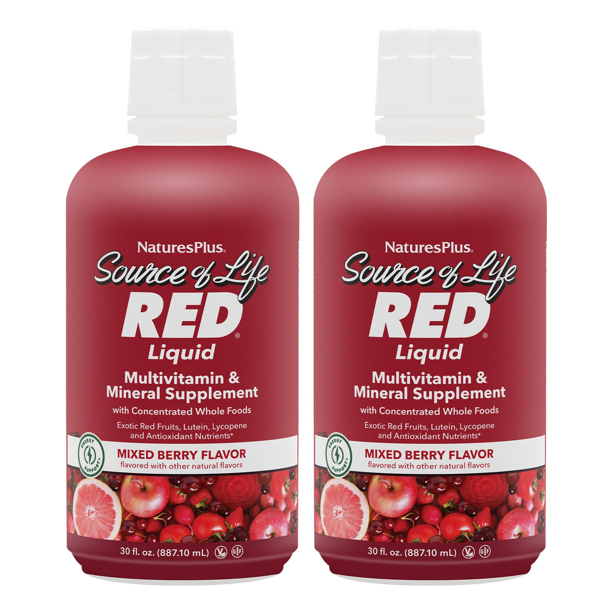 NaturesPlus Source of Life RED liquid bottle being poured for easy daily energy and immunity support.