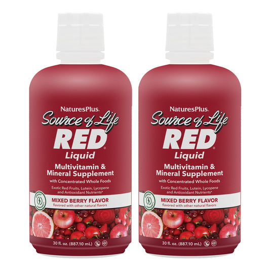 NaturesPlus Source of Life RED liquid bottle being poured for easy daily energy and immunity support.