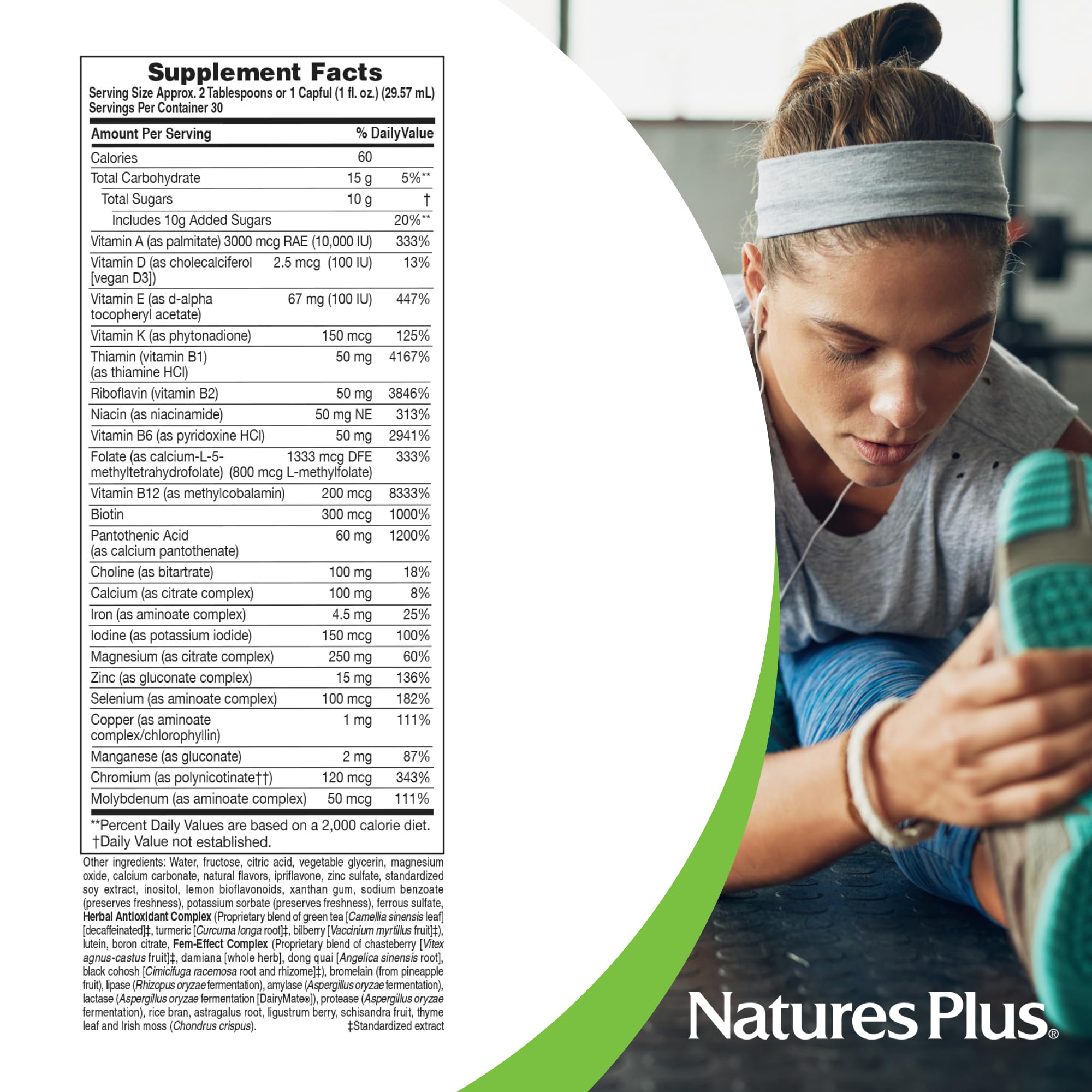 NaturesPlus Source of Life Women liquid being poured into a spoon for easy dosing