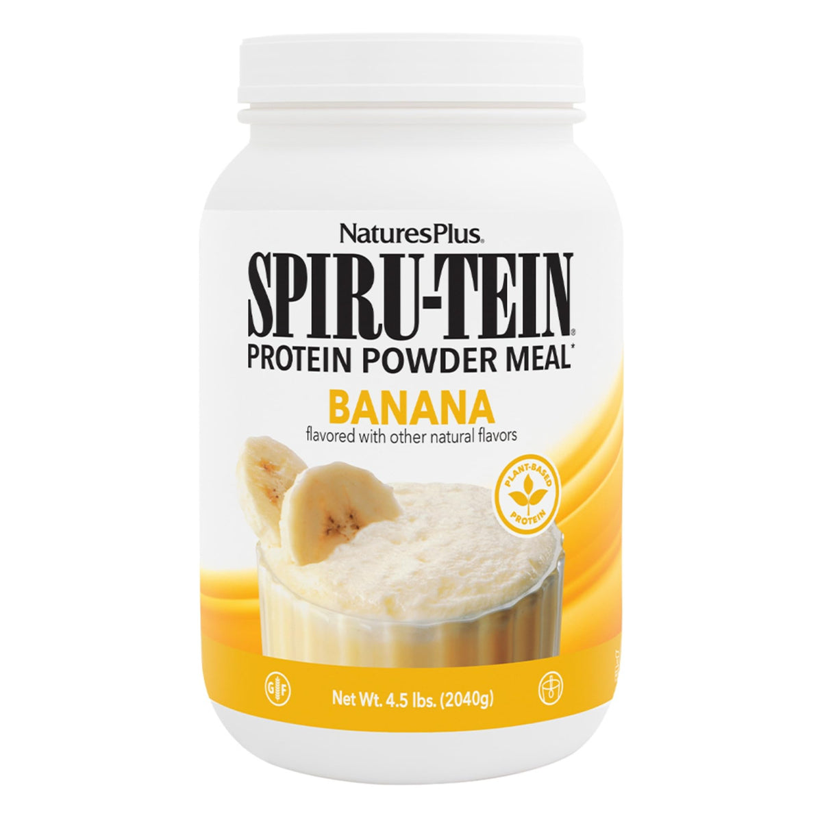 NaturesPlus Spiru-Tein banana tub front showing protein powder packaging