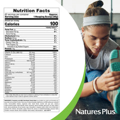 NaturesPlus SPIRU-TEIN chocolate ingredients graphic featuring protein blend.