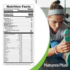 Close-up of SPIRU-TEIN ingredients shows rice, pea, and soy protein blend.