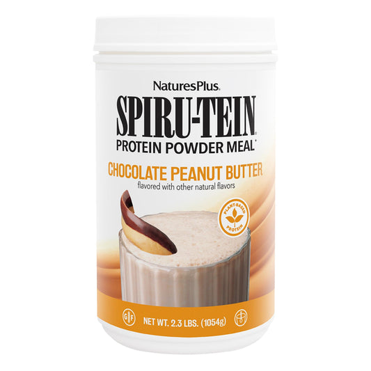 NaturesPlus SpirU-Tein chocolate peanut butter packaging shows protein-rich nutrition for daily shakes