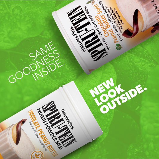 NaturesPlus SpirU-Tein powder close-up highlights a smooth blend for smoothies