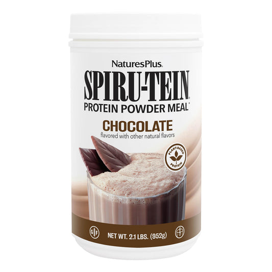 NaturesPlus SPIRU-TEIN Chocolate tub for daily plant-based nutrition.