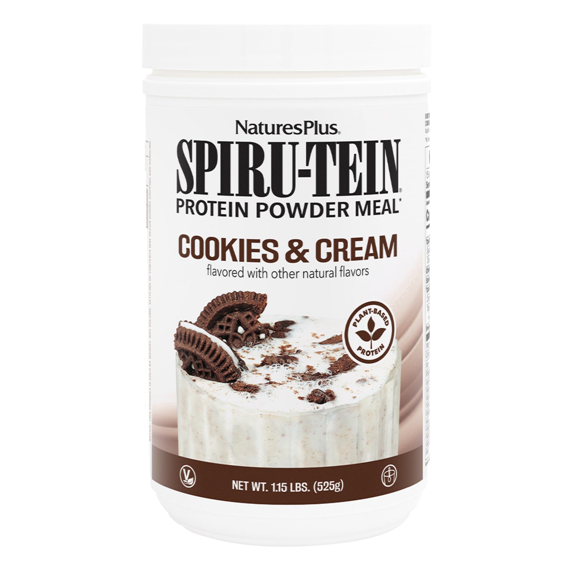 NaturesPlus SpirU-TEIN Cookies and Cream tub front for convenient plant-based meals.