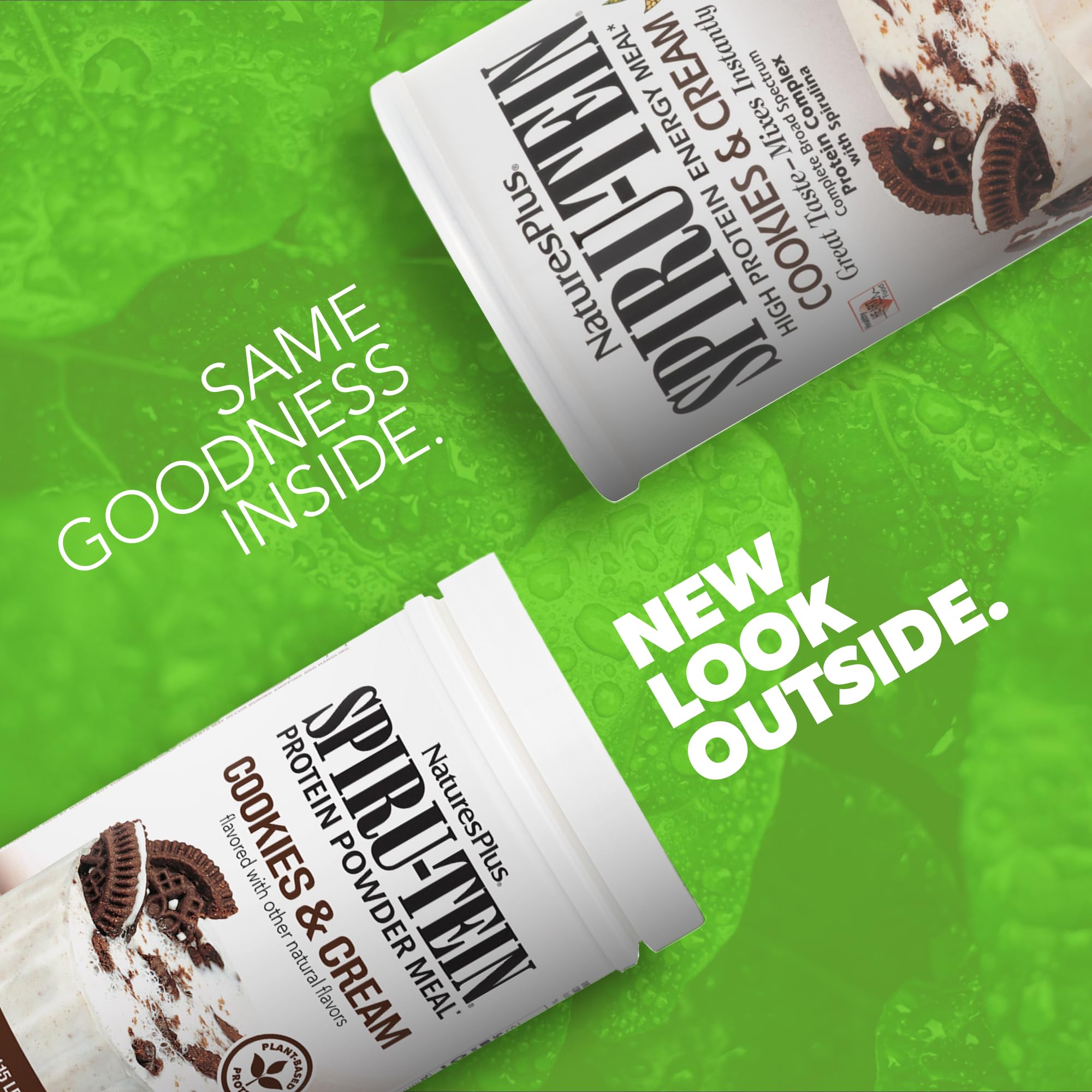 Spiru-TEIN Cookies and Cream tub side shows creamy texture.