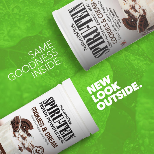 Spiru-TEIN Cookies and Cream tub side shows creamy texture.
