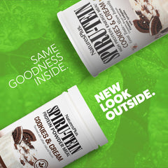Spiru-TEIN Cookies and Cream tub side shows creamy texture.