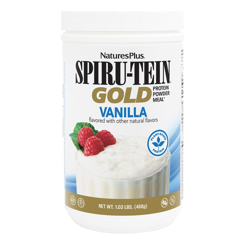 NaturesPlus SPIRU-TEIN GOLD vanilla bottle front, ready for daily plant-based protein.