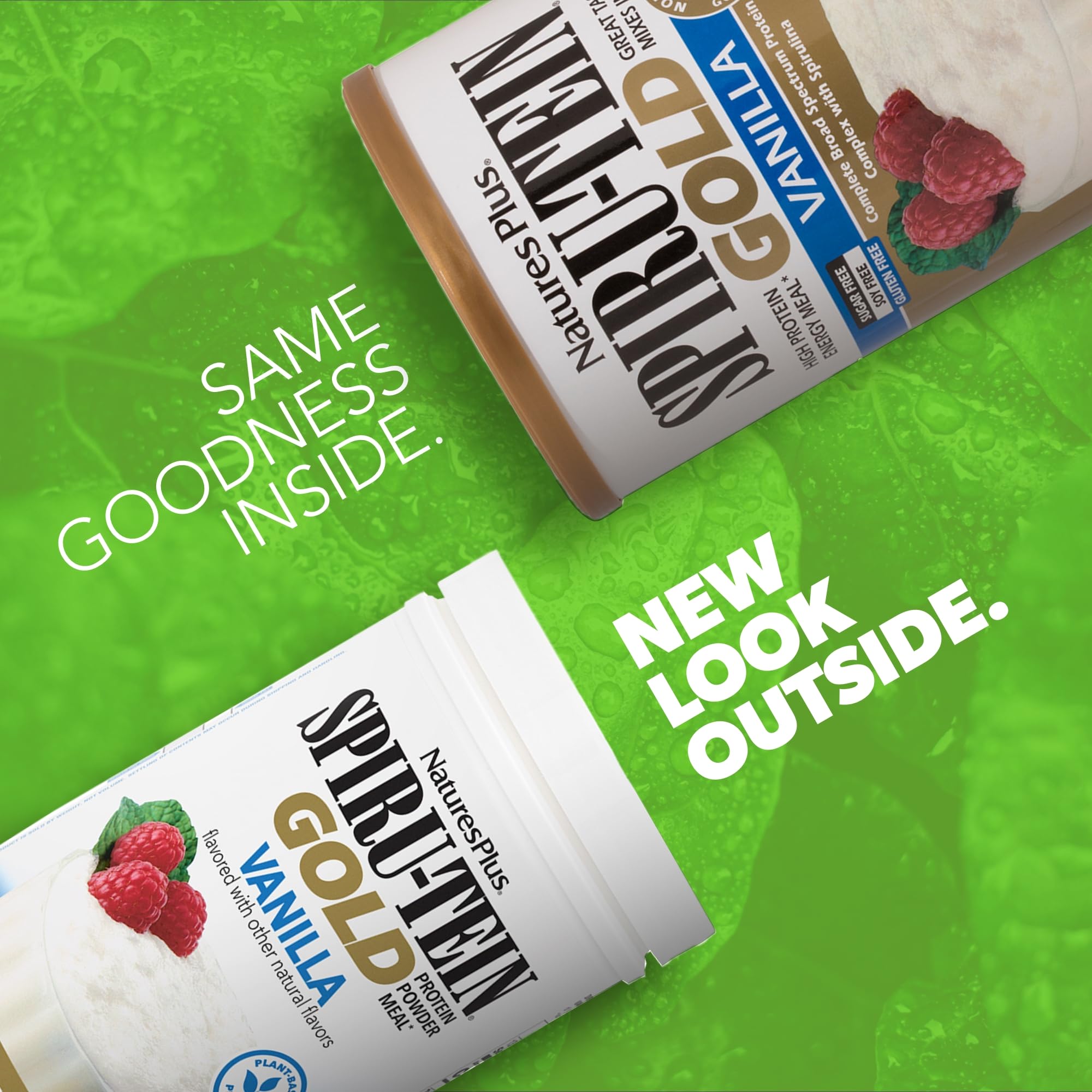 NaturesPlus SPIRU-TEIN GOLD vanilla bottle back label highlights minerals and protein profile.