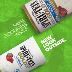 NaturesPlus SPIRU-TEIN GOLD vanilla bottle back label highlights minerals and protein profile.