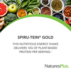 NaturesPlus SPIRU-TEIN GOLD vanilla being poured into a glass for instant mix.