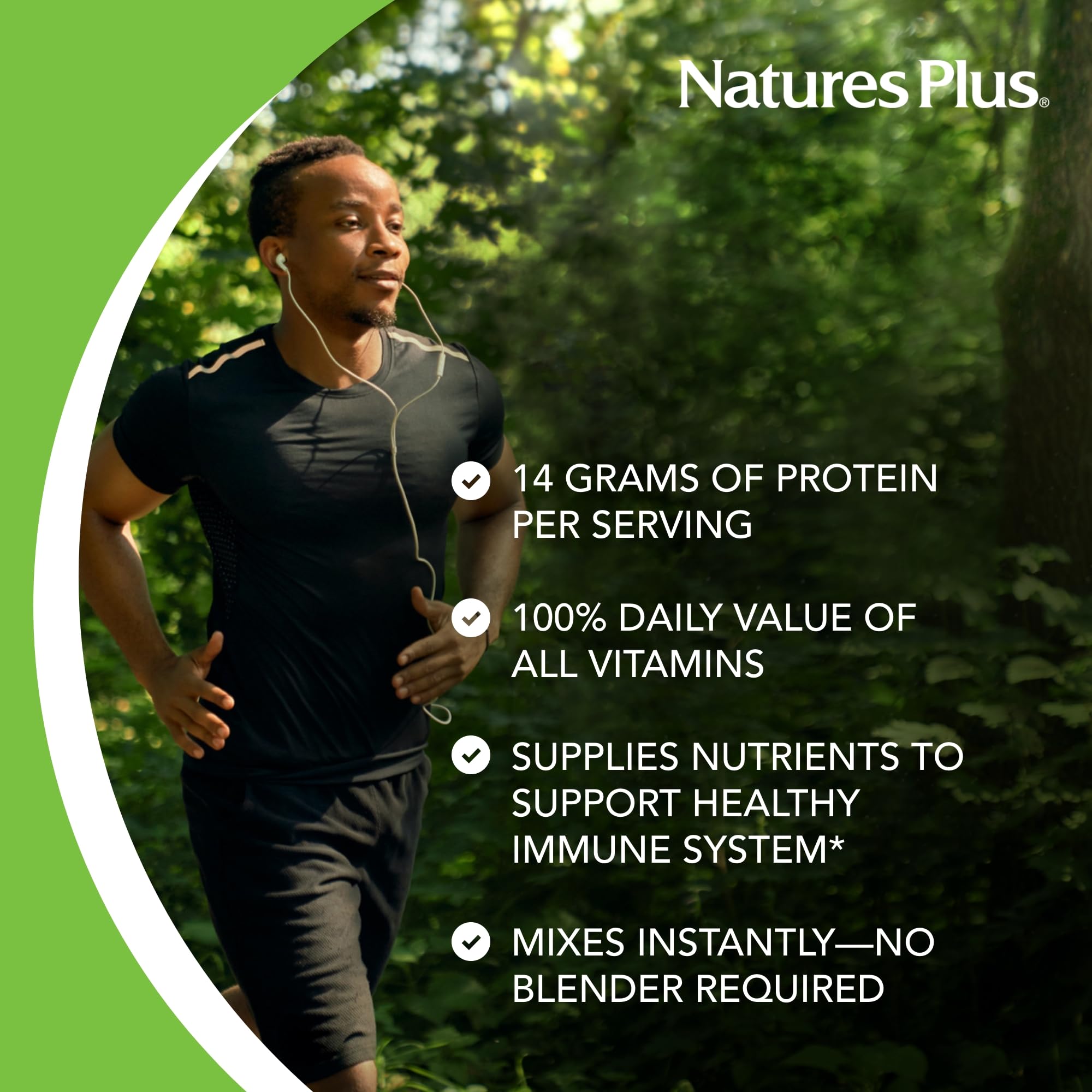 NaturesPlus SpirU-Tein peaches and cream powder dispensing into a glass