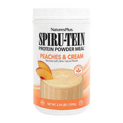 NaturesPlus SpirU-Tein peaches and cream tub front, high-protein powder for energy