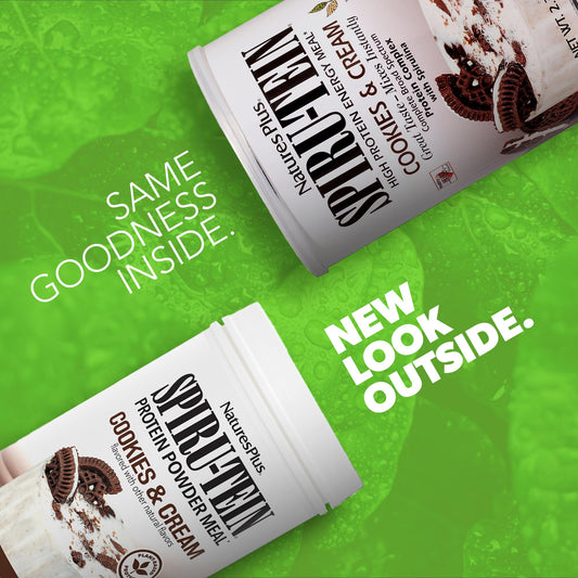 NaturesPlus SPIRU-TEIN shake with rice, pea, and soy protein blend.