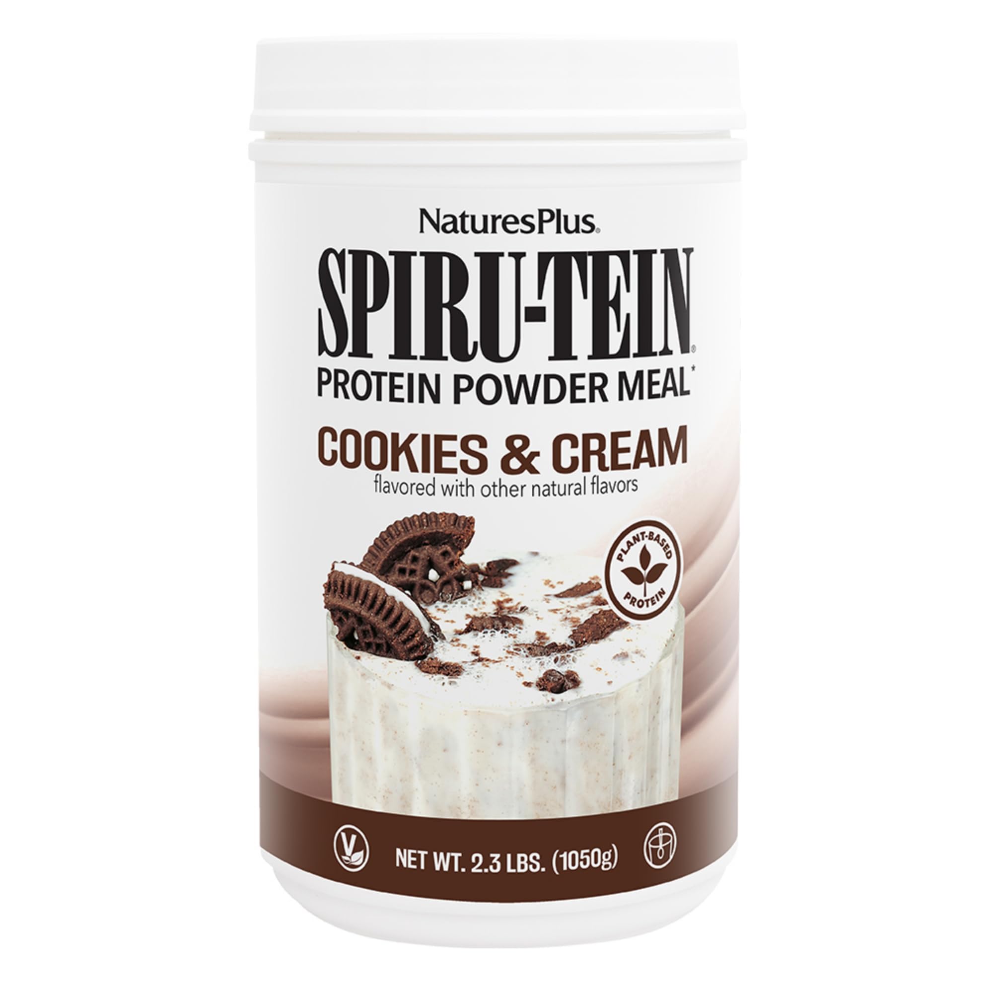 NaturesPlus SPIRU-TEIN Cookies & Cream canister for a protein-packed plant-based meal.