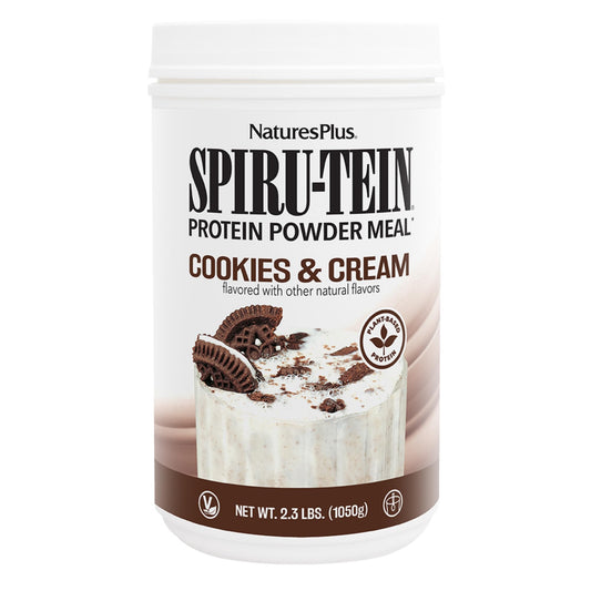 NaturesPlus SPIRU-TEIN Cookies & Cream canister for a protein-packed plant-based meal.