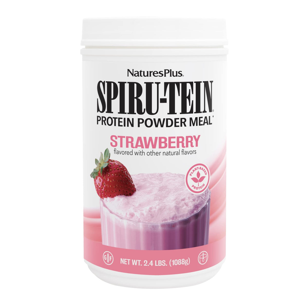 NaturesPlus SpirU-TEIN Strawberry bottle front shows plant-based protein for daily energy.