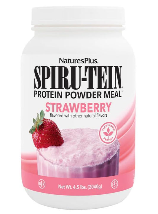 NaturesPlus SPIRU-TEIN strawberry shake bottle pour for quick protein boost after workouts