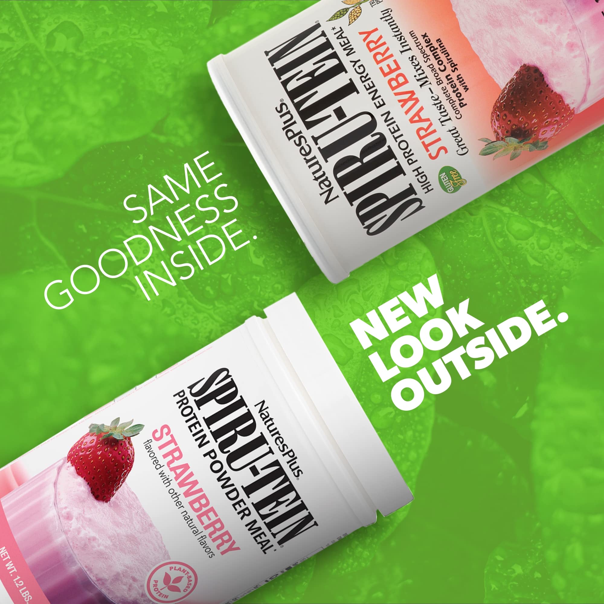 NaturesPlus SpirU-Tein strawberry powder canister ideal for quick plant-based meals.